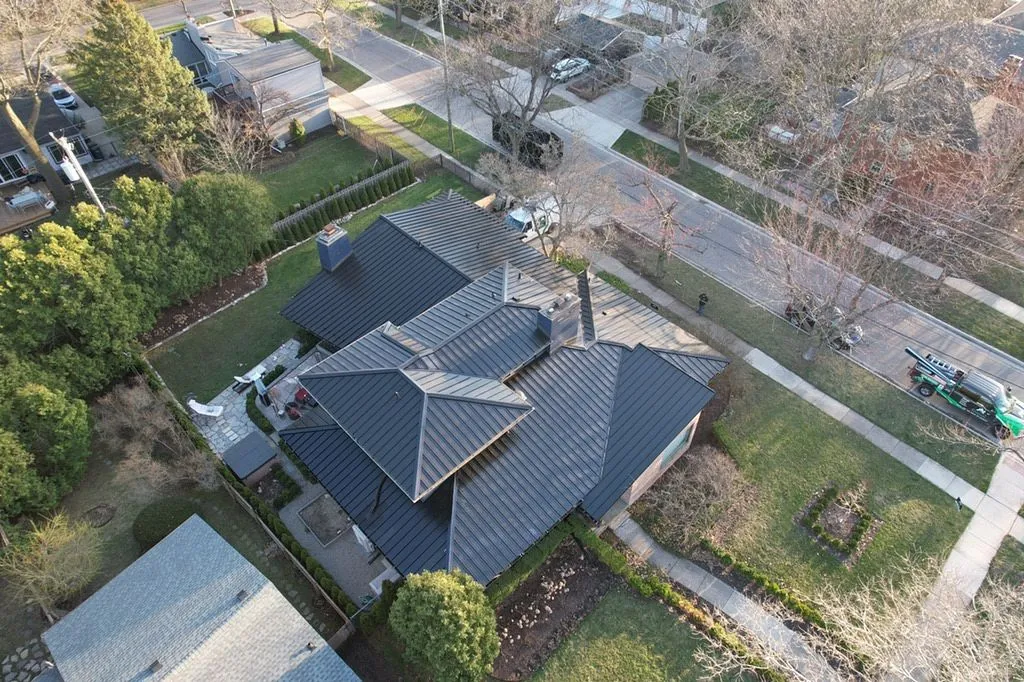 arial view of metal roof replacement upgraded from asphalt shingle
