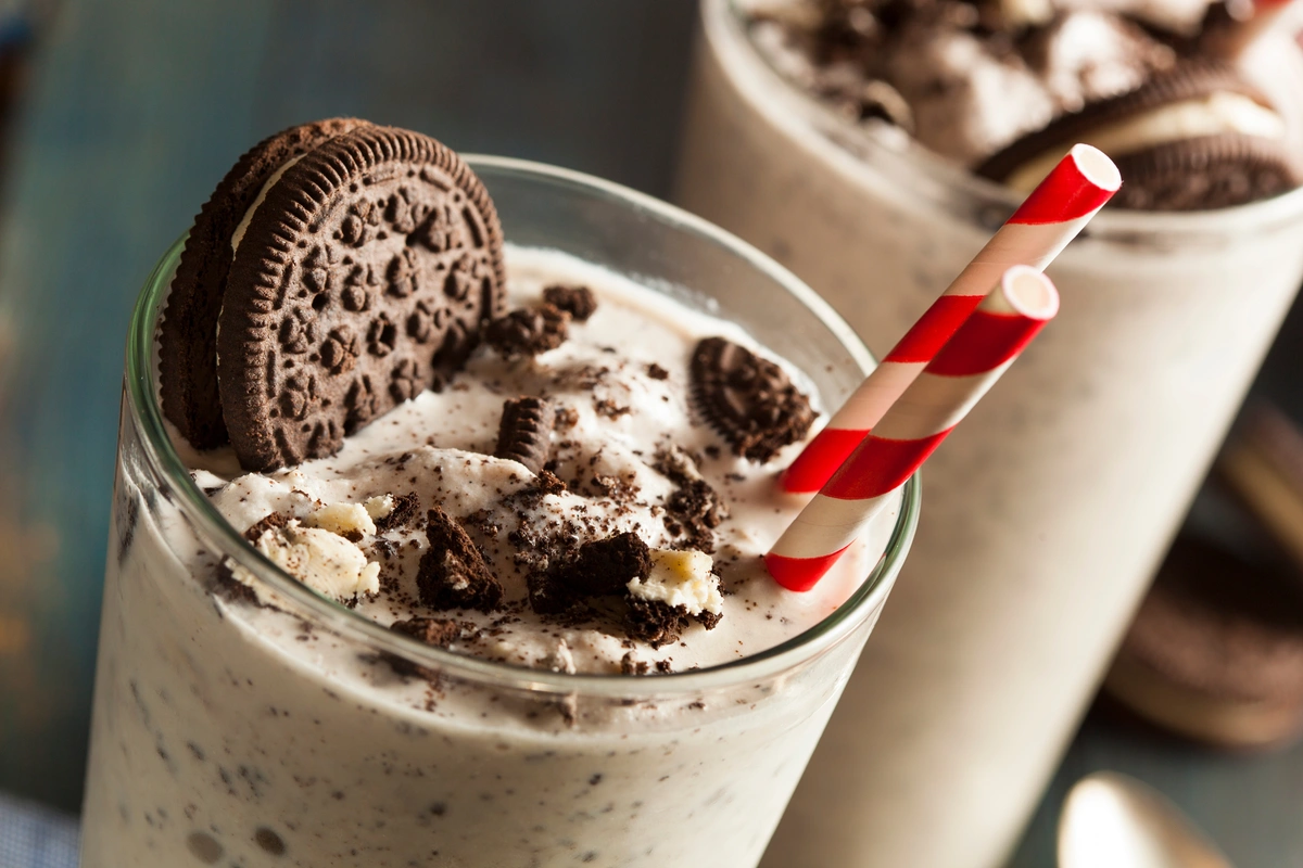 close up shot of an Oreo milkshake with striped straws in a Toledo restaurant