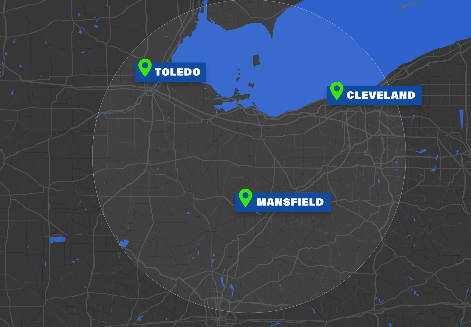 Map of Shingle and Metal Roofs service areas featuring Toledo and Cleveland branch.