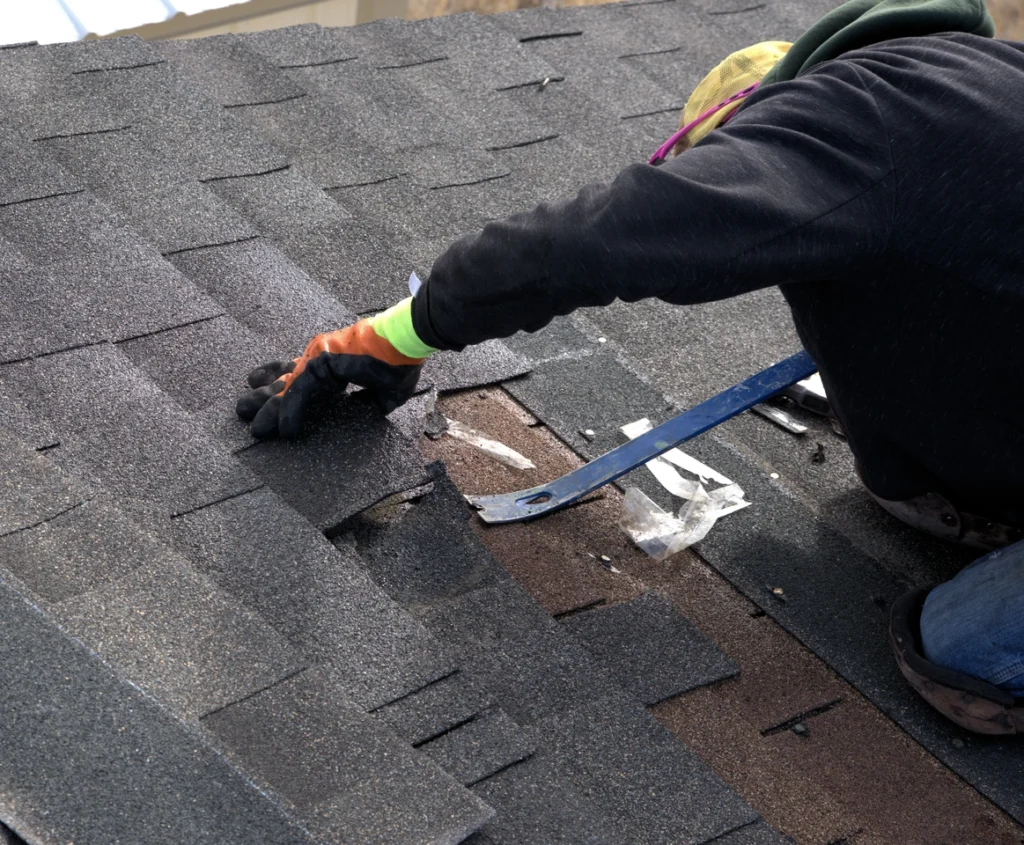 worker removing the damaged asphalt shingles using a nail puller