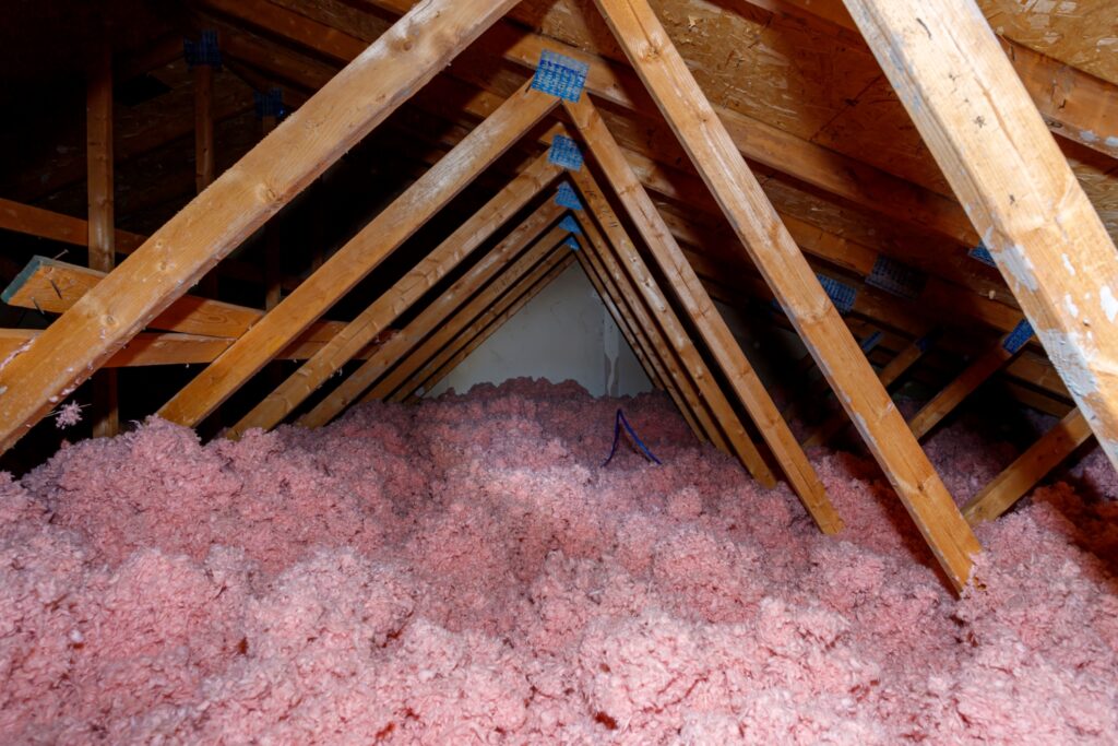 Loose-fill fiberglass insulation spread out, typically used for thermal insulation in attics and walls.