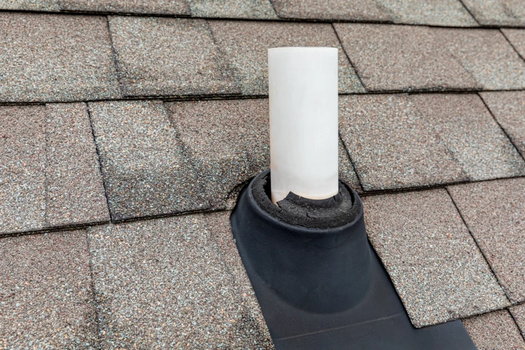 roof boot-white piping against brown roof shingles with a black boot